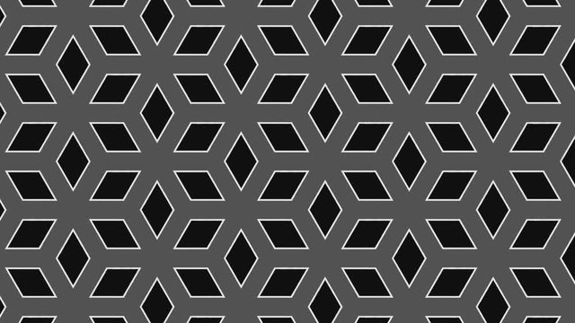 Black and white graphic pattern composed of rhombuses and parallelepipeds with stroboscopic and hypnotic effect, which rotates clockwise and increases in size