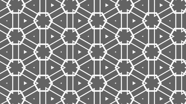 Black and white graphic pattern composed of rhombuses and hexagons with a stroboscopic and hypnotic effect, which rotates clockwise and increases in size