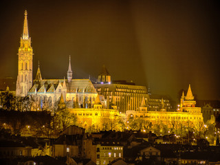 The night view of Fisherman's Bastion and Matthias Church in Budapest
