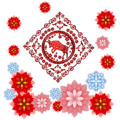 Happy chinese new year 2021 year of the ox flower and asian elements with craft style on background