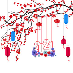 Obraz premium Happy chinese new year 2021 year of the ox flower and asian elements with craft style on background