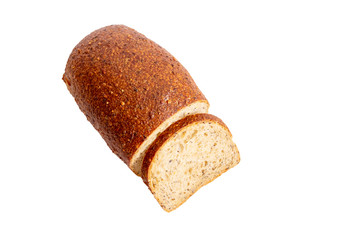 close up of organic brown bread with cereal and grains for healthy isolated on white background with clipping path. 