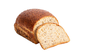 close up of organic brown bread with cereal and grains for healthy isolated on white background with clipping path. 