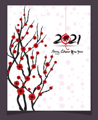Happy chinese new year 2021 year of the ox flower and asian elements with craft style on background