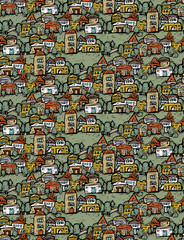 Suburb houses trees fields panorama seamless pattern