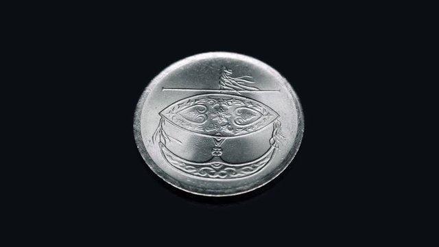 Malaysian coin 50 sen 1998 release rotates on a black background. Macro. Closeup