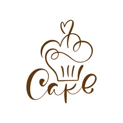 Cake vector calligraphic text with logo. Sweet cupcake with cream, vintage dessert emblem template design element. Candy bar birthday or wedding invitation