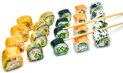 Set of tasty rolls on white background