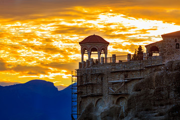Sunset over Varlaam monastery in Meteora, Greece