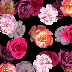 Beautiful floral background of peonies and roses. Isolated