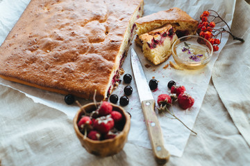 Decorated breakfast setup - Homemade fruit cake with raspberries