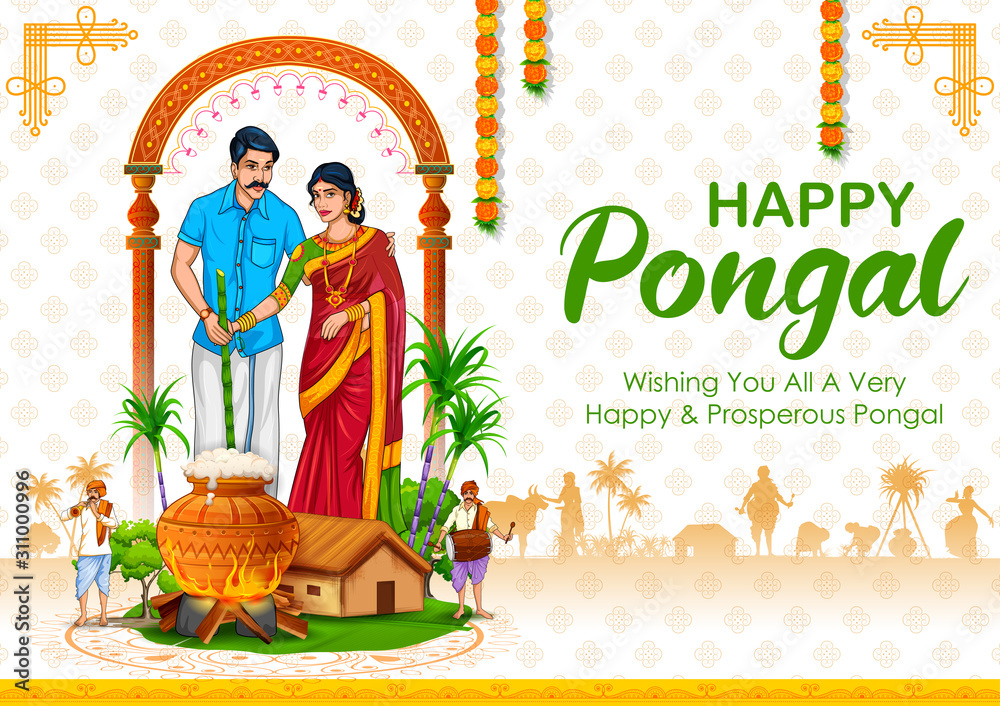 Canvas Prints illustration of happy pongal holiday harvest festival of tamil nadu south india greeting background