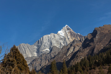 Stunning view of the Yaomei Peak of the Siguniang (Four Sisters)  Mountain from Changping Valley in Sichuan, China