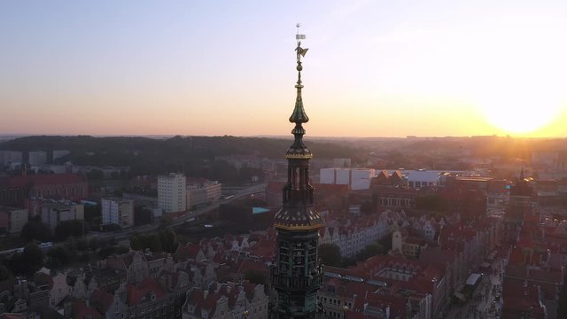 Gdansk old city in the rays of the rising sun, top view of the old city streets.