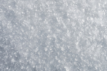 Snow background with detailed snowflakes. A macro photo of real snow crystals: large stellar dendrites with hexagonal symmetry, long elegant patterns and delicate transparent structures