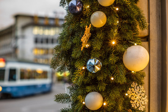 Detail of Christmas decorations with Zurich's Paradeplatz in the background