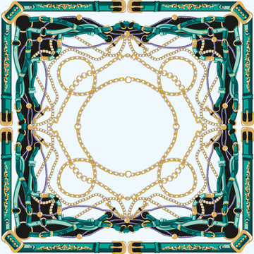 Ornamental, traditional, ethnic, folk pattern for bandanna, shawl, scarf, silk, kerchief print. Fashion fabric design. Textile figures. Golden chains and accessories with belts. - illustration
