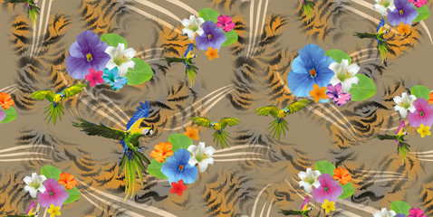 Colorful flowers and parrots pattern with leopard skin texture.Seamless fabric print. Fashion design. - Illustration
