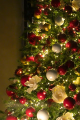 Fototapeta na wymiar Christmas tree background - baubles and branch of spruce tree