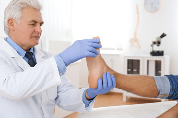 Male orthopedist checking patient's foot in clinic - obrazy, fototapety, plakaty