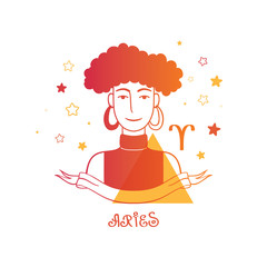 Aries astrological sign in doodle style. Cute girl with star's background and the fire symbol