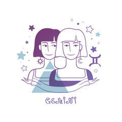 Gemini astrological sign in doodle style. Cute girls with star's background and the air symbol