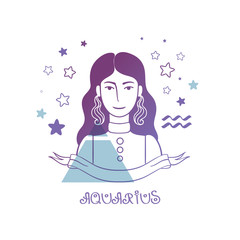 Aquarius astrological sign in doodle style. Cute girl with star's background and the air symbol