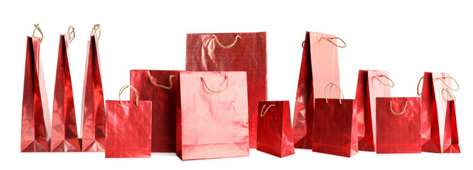 Set of paper shopping bags on white background. Banner design