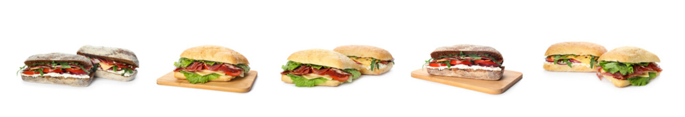 Set of delicious sandwiches on white background. Banner design