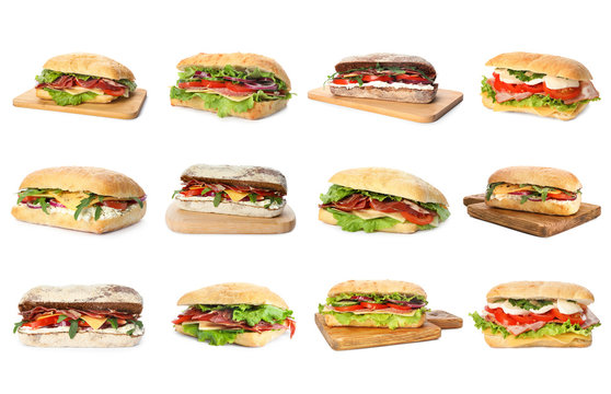 Set of delicious sandwiches on white background