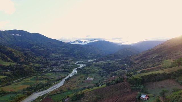 Aerial view of Bocono River crossing the city of Bococo, Venezuela