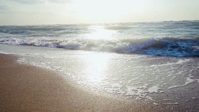 Beautiful sea surf slow motion video  summer seascape view from sandy beach