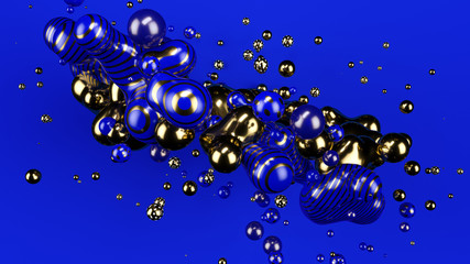 Gold metall ball, Blue ball abstract. Blue matte background. Metaball. Studio light. 3d illustration, render