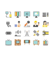 Television and technology related TV and mobile and dish antenna vectors in flat design