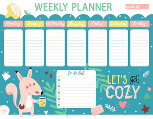 Childish weekly calendar planner with squirrel