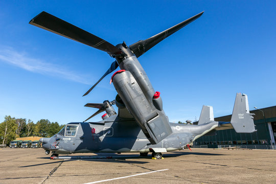 KLEINE-BROGEL, BELGIUM - SEP 14, 2019: US Air Force Bell Boeing V-22 Osprey tiltrotor plane on the tarmac of Kleine-Brogel Airbase.
