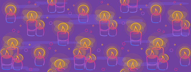 Candles horizontal cover in color line on purple background. Hanukkah symbol in Decorative vector. Social media design texture. Party backdrop. Happy holiday celebration Doodle for festive wallpaper