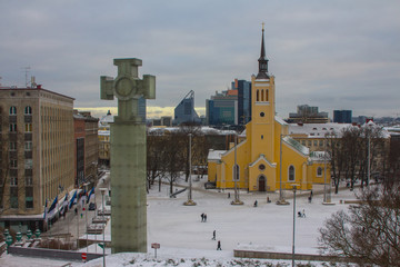 Column of the Victory  in the War of Independence and St. John's Church of Estonia. Tallinn