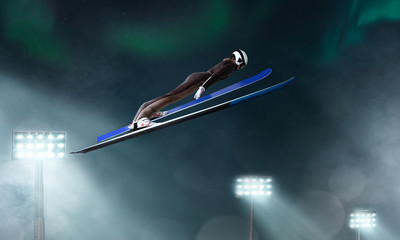 Skier in flight. Ski jumping in evening.