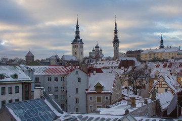View from a high point on Old Town Tallinn on a winter evening. Estonia
