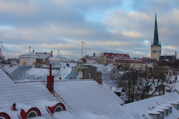 View from a high point on Old Town Tallinn on a winter evening. Estonia