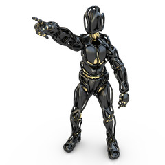 schwarzer humanoider Roboter zeigt etwas