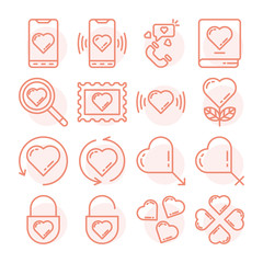 Love and Like set vector illustration. Contains such Icons as Heart, gender, couple, gift, message, ring, mail, mark, book, necklace, gadget, bubble, lock. Pixel perfect 64px. Editable Stroke.