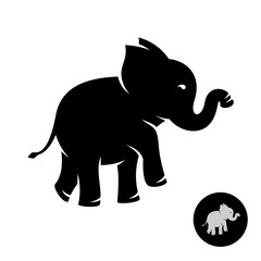 Cute small elephant baby stylized logo. Black silhouette of an elephant with trunk up.