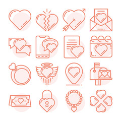 Love and Like set vector illustration. Contains such Icons as Heart, broken heart, couple, gift, romantic letter, message, ring, angel, mark, post mail, lock. Pixel perfect 64px. Editable Stroke.