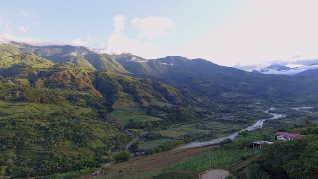 Aerial view of Bocono River crossing the city of Bococo, Venezuela