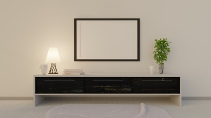 An empty poster on the wall above the console. Template for photos and lettering. 3D rendering.