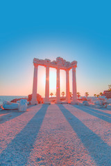 Ruins of Apollo temple in Side near Antalya at sunset.