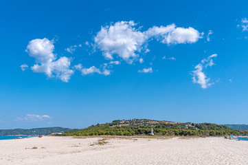 Halkidiki, Greece - September 01,2019: Possidi Beach on Halkidiki, Greece. Blue sea on Aegean sea.