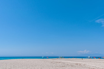 Halkidiki, Greece - September 01,2019: Possidi Beach on Halkidiki, Greece. Blue sea on Aegean sea.